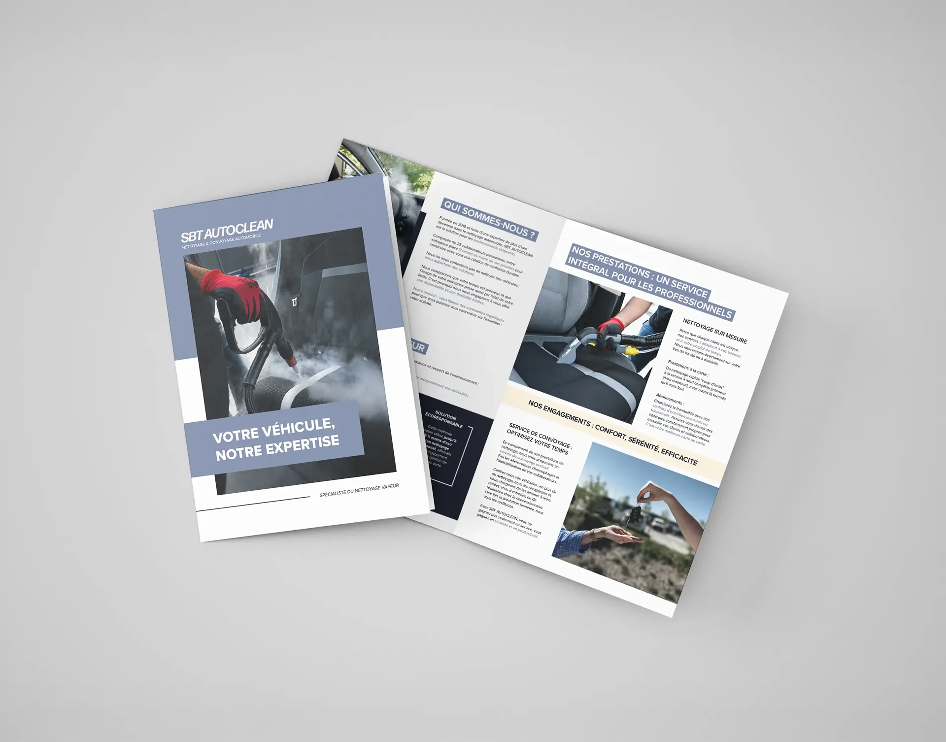 Plaquette commerciale SBT Autoclean avec couverture et pages intérieures présentant les prestations de nettoyage et convoyage automobile.